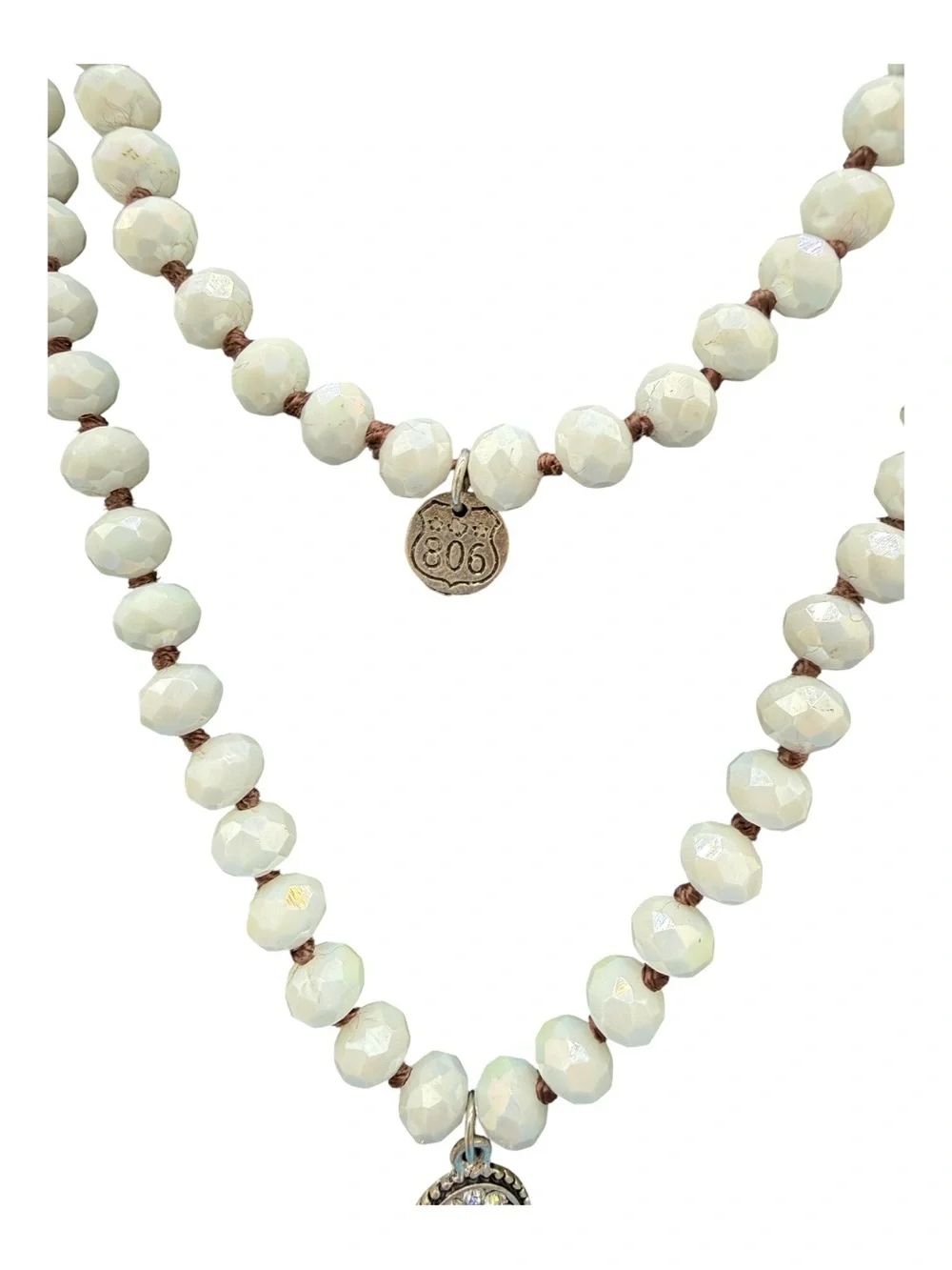 White Faceted Glass Beaded Long Necklace with Rhinestone Teardrop Pendant